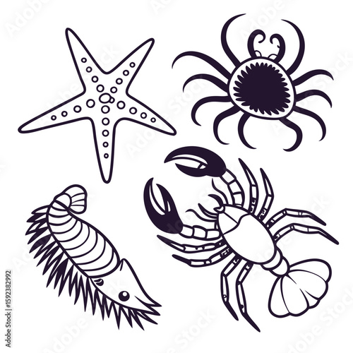 Reef Invertebrates Outline Icon Set – Sea Star, Cucumber, Urchin, Shrimp, Crab, Octopus