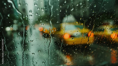 A rainy day, raindrops on car glass, city streets, Generative AI Videos. 