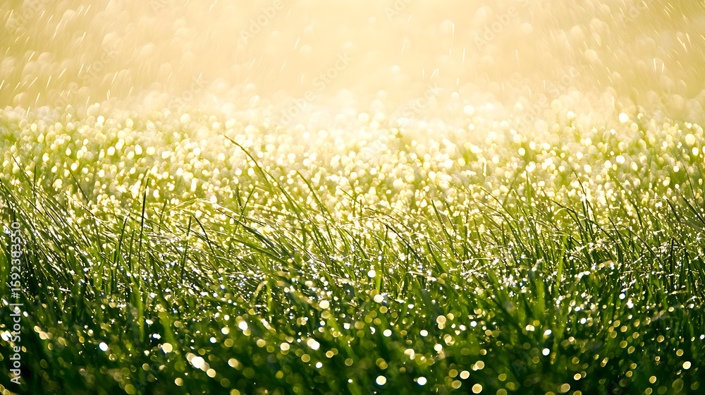 Fototapeta premium Dew-kissed grass field bathed in golden sunlight. ????????????