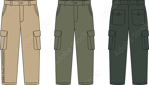 Men’s cargo pants cad drawing flat vector illustration, front and back view template with pockets, fashion design sketch, utility apparel mockup
