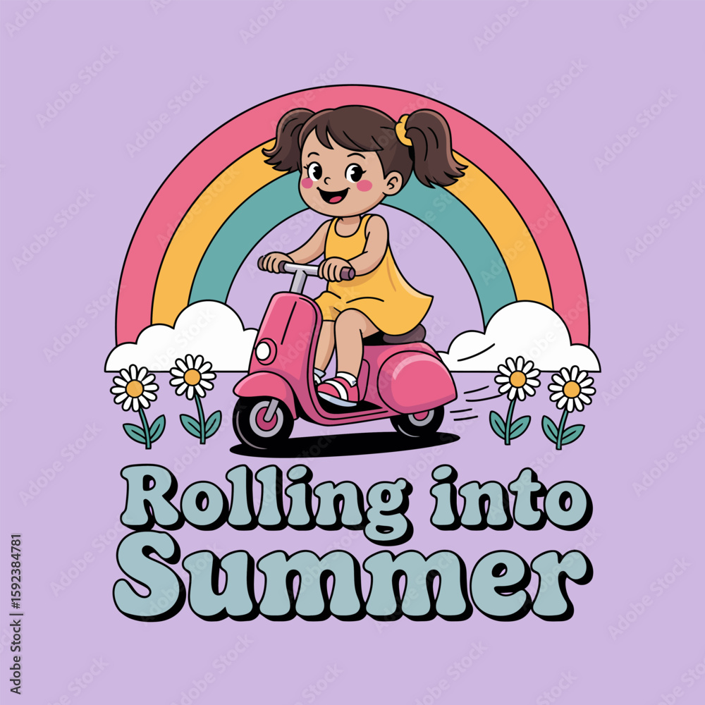 Fototapeta premium Rolling into summer poster with girl on scooter, rainbow, playful script, printable card, summer holiday sticker