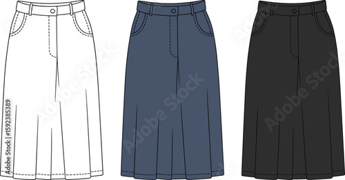 Women’s skirt cad drawing flat vector illustration, technical fashion sketch, midi length, front view garment, pleated style, clothing template
