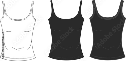 Women's tank top cad drawing flat vector illustration, front view garment, camisole technical template, apparel fashion design, clothing line sketch