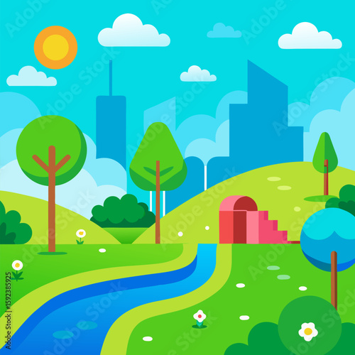 A vibrant and playful green oasis in an urban setting vector landscape natural background.