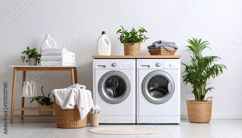 Clean laundry room with two white washing machines, a wooden table with folded towels, plants, and a laundry basket.