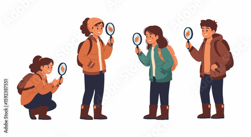 Children exploring nature with magnifying glasses, examining leaves and insects.