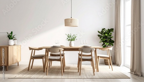 Bright dining room featuring a wooden table with chairs, a sideboard, pendant light, and plants, creating a minimalist and inviting space.