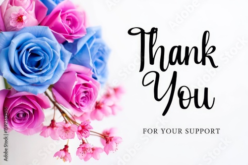 Thank You for your support text with flowers decorations on wooden background.
