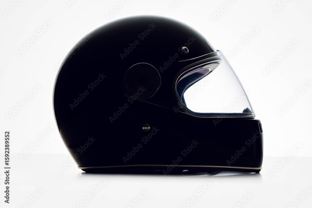 Obraz premium Sleek black motorcycle helmet sitting coolly isolated on white background.
