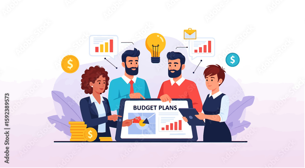 Business Team Collaborating on Budget Plans Illustration,
Financial Planning and Strategy Meeting with Charts and Data, Team Discussing Budgeting and Investment Goals. Business Team Collaborating on Budget Plans Illustration,
Financial Planning and Strategy Meeting with Charts and Data, Team Discussing Budgeting and Investment Goals.