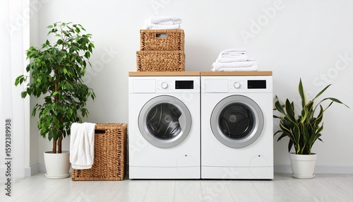 Bright laundry room interior featuring two white washing machines, wicker baskets, folded towels, and potted plants against a white wall.