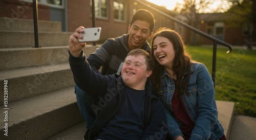 Teen with Down syndrome taking selfie with friends on school steps  