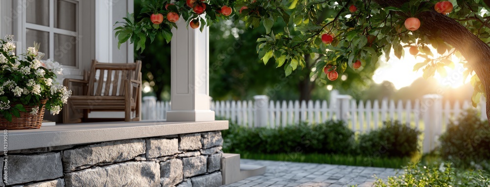 Obraz premium A gorgeous house surrounded by vibrant apple trees as sunset light cascades through the leaves, creating a serene atmosphere