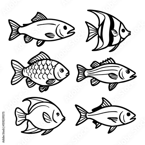 A vibrant vector illustration set of diverse fish swimming in an aquatic, underwater marine life design