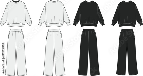 Sweatshirt and sweatpants set front view in white, gray and black, cad drawing flat vector illustration, fashion sketch technical clothing template.