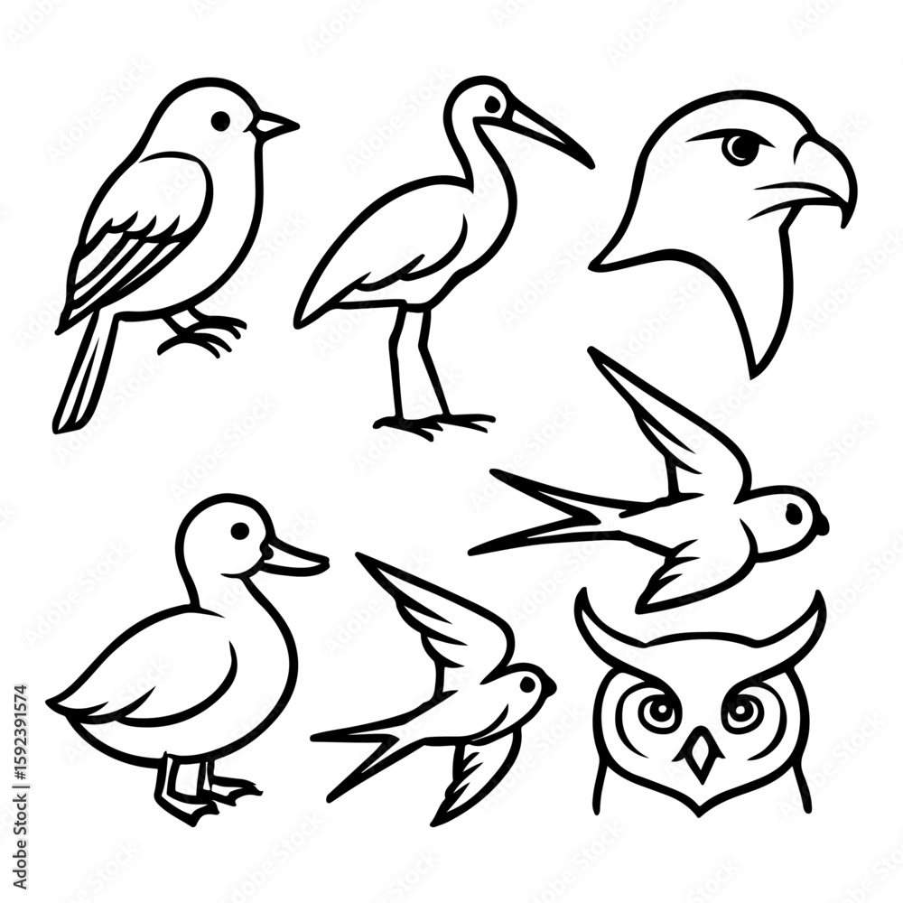 Obraz premium A cute vector illustration set of cartoon flying wild birds, including doves of peace, ducks, sparrows, and owls