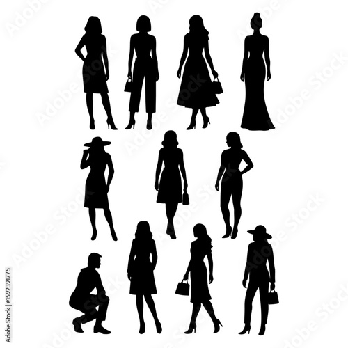 Vector silhouettes of people in various poses, from walking individuals to business groups and families, perfect for fashion and illustration