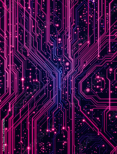 Abstract digital artwork depicting a complex network of glowing pink and purple circuit lines on a dark background, resembling a technological motherboard or neural network