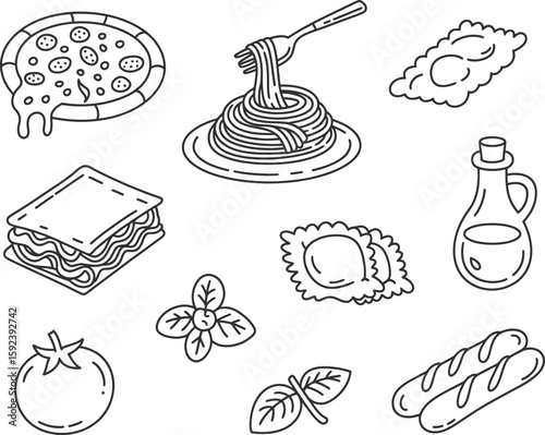 Hand drawn italian food icons featuring pasta pizza lasagna and more