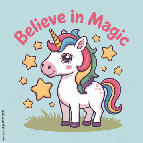 Cheerful unicorn with rainbow mane on green field, believe in magic caption for summer greeting card or journal sticker  