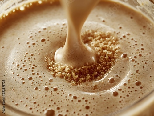 Creamy plant-based protein shake in a glass being shaken