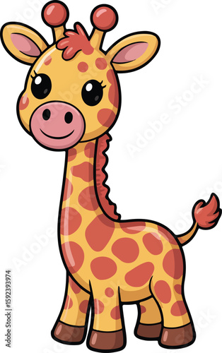 A charming and adorable cartoon giraffe with a warm smile. Its coat is covered in spots, and it stands tall 