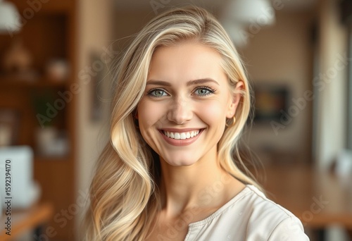 Smiling Nordic blond woman with loose hair and soft blouse