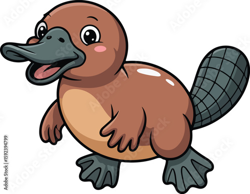 An adorable cartoon platypus with its beak and beaver tail. The platypus is walking, happy and cute