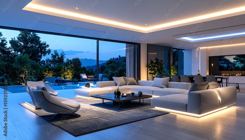 Fototapeta premium Luxurious living room with a large white sectional sofa, overlooking a pool and landscape through a panoramic window at dusk.