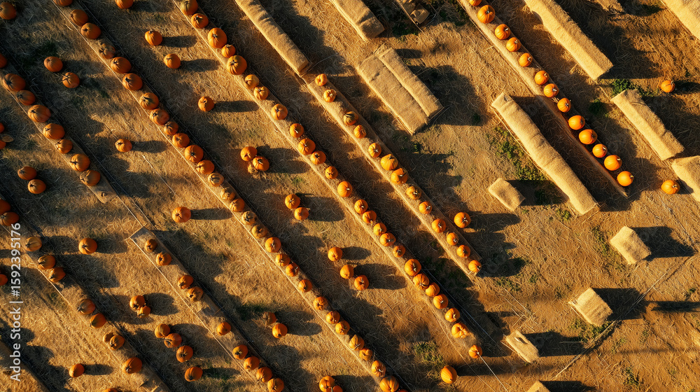 Obraz premium Aerial top-down view of an organized pumpkin patch with geometric patterns and shadows in late afternoon sun Generative AI