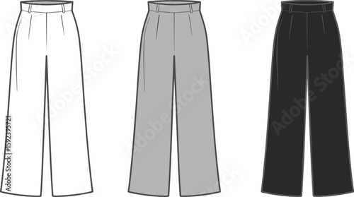 High waisted wide leg pants cad drawing flat vector illustration, front view trousers sketch, fashion template, black gray white pants.