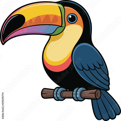A colorful toucan perched on a branch, its vibrant features captivate the eye. 