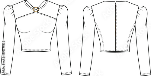 Elegant long sleeve women's cropped blouse with front button detail, puff shoulder, back zipper, modern slim fit fashion design illustration