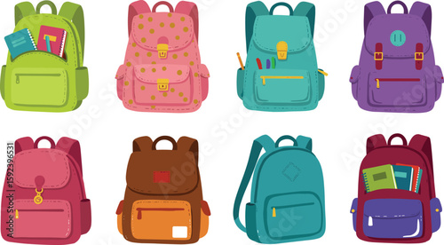 Colorful cartoon backpacks collection isolated on white background, various school bags with stationery, cute design for kids education.