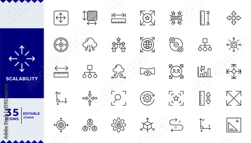 Scalability line icon set. Scale, scalable resize, scaling, stretch, expand, expansion, elasticity, scalling, adaptability, efficiency and more. Outline vector icon. Pictogram collection