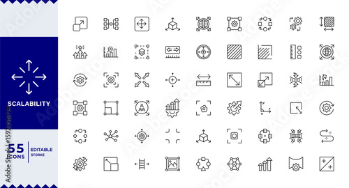 Scalability line icon set. Scale, scalable resize, scaling, stretch, expand, expansion, elasticity, scalling, adaptability, efficiency and more. Outline vector icon. Pictogram collection