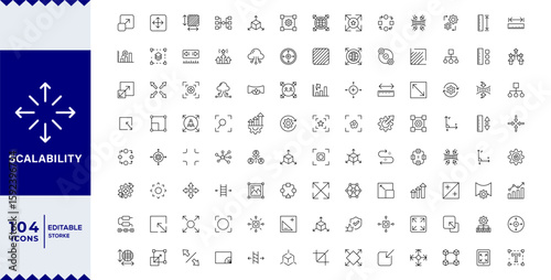 Scalability line icon set. Scale, scalable resize, scaling, stretch, expand, expansion, elasticity, scalling, adaptability, efficiency and more. Outline vector icon. Pictogram collection