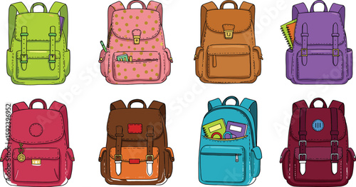 Colorful cartoon backpacks collection isolated on white background, various school bags with stationery, cute design for kids education.