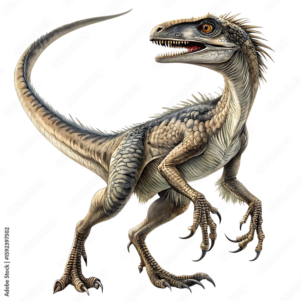 Fototapeta premium Isolated velociraptor dinosaur standing alert with sharp teeth and claws on a black background view created with generated ai