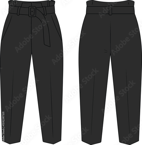 Women’s belted tapered pants with pleats, high waist fashion design front and back view, cad drawing flat vector illustration clothing sketch