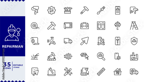 Pixel Perfect,Repairman outline icons related to easter. Linear icon collection. Editable stroke. Vector illustration