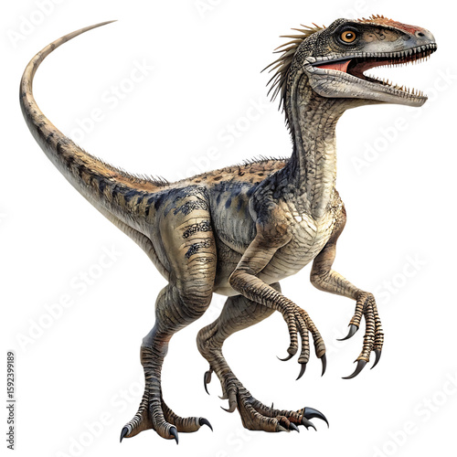 A full body shot of a velociraptor with its mouth open standing on a black background in a studio shot created with generated ai