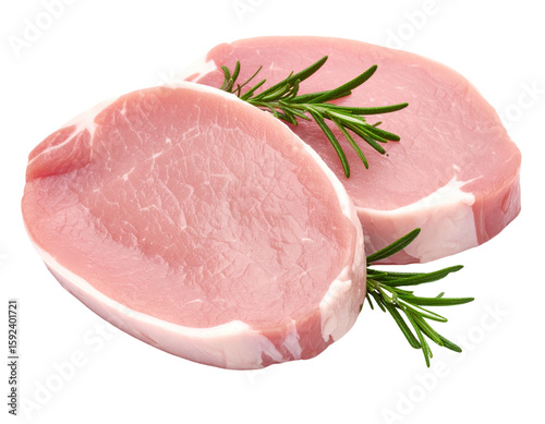 Boneless pork loin chop with rosemary on transparent background
