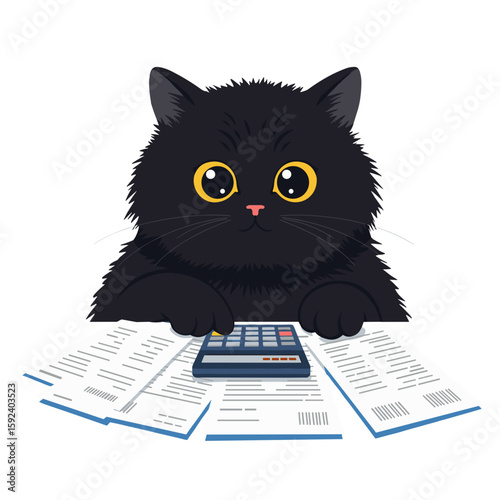 Black fluffy cat with round yellow eyes calculating expenses with calculator