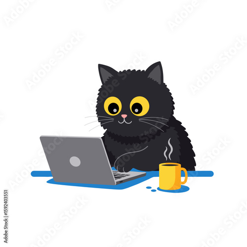 Black fluffy cat writing blog post about AI on laptop with coffee mug