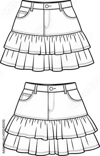 Fashion sketch of tiered ruffle denim mini skirts, front view, trendy girly outfit design template for casual women’s clothing illustration