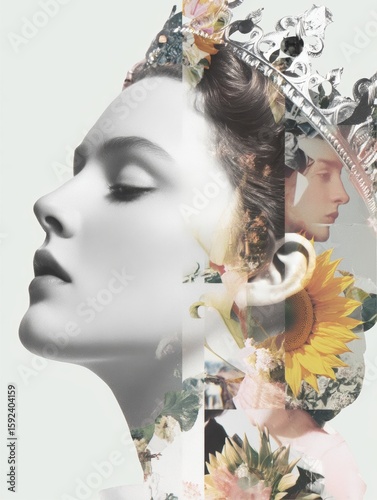 Elegant Portrait with Floral Overlay and Crown in Artistic Composition