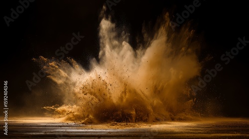 Abstract brown powder explosion in mid-air against a dark background, captured with dynamic motion.
