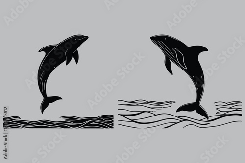 Whale Jumping Out of Ocean at Golden Hour silhouette vector design art and illustration