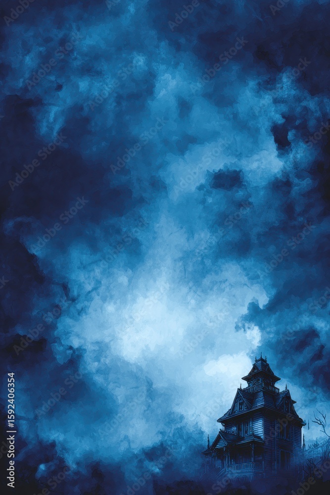 Fototapeta premium Haunted house under a dark sky with dramatic cloud cover